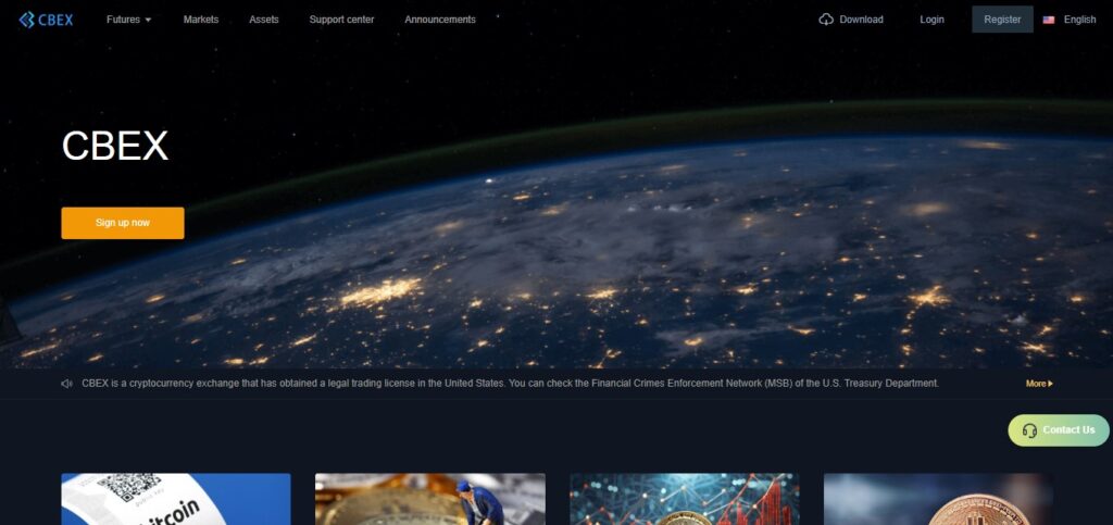 A screenshot of the CBEX cryptocurrency exchange platform's homepage, displaying an image of Earth, with options to sign up, log in, and access various services.