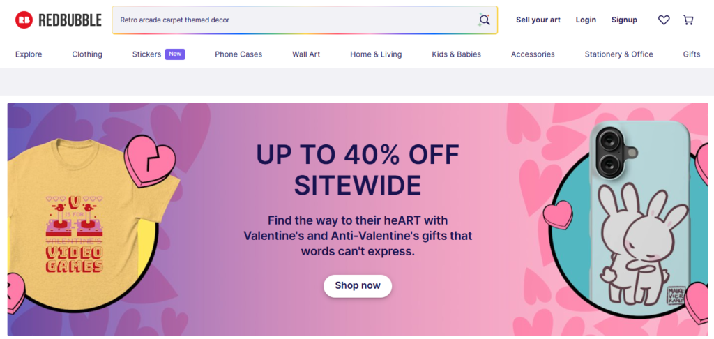 Screenshot of Homepage of Official Website of RedBubble