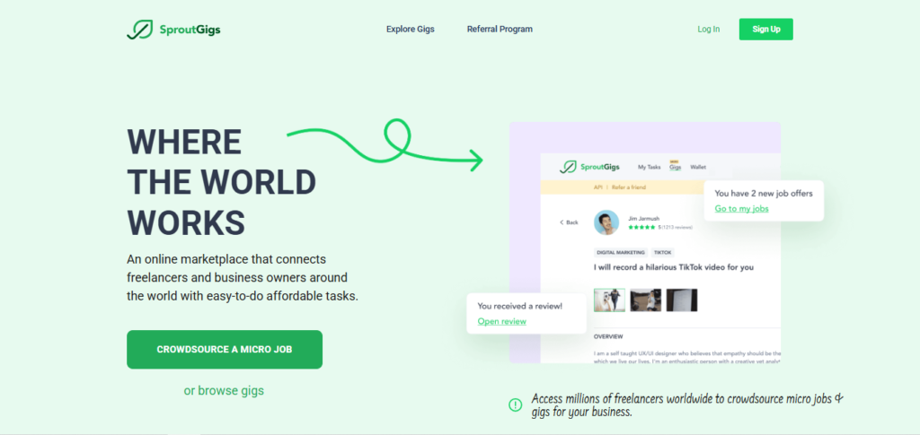 Screenshot of Homepage of Official Website of SproutGigs