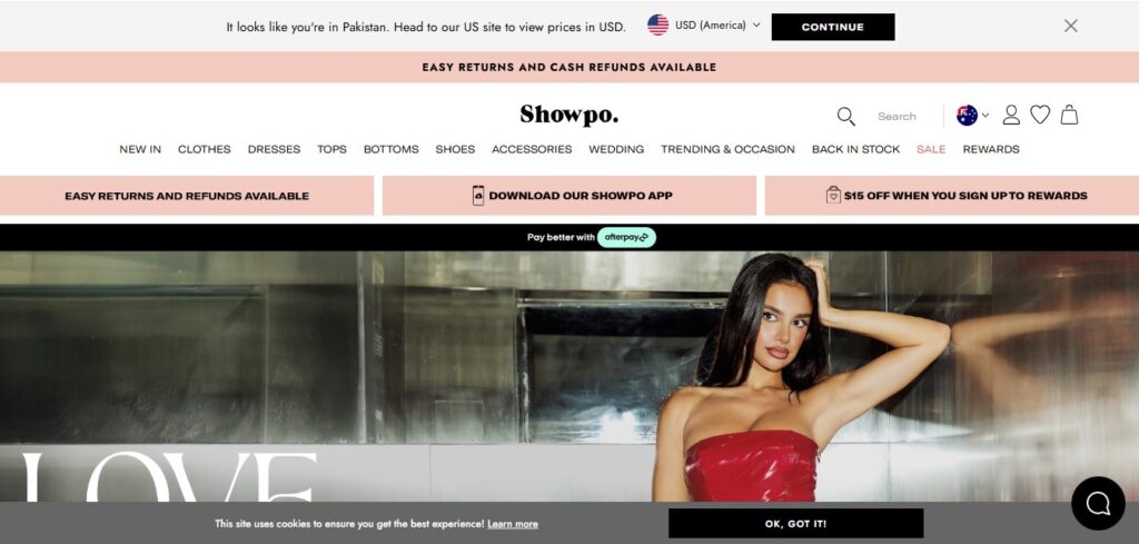 A screenshot of the Showpo website's homepage featuring categories for clothing, accessories, and easy returns, with a promotional offer for rewards.