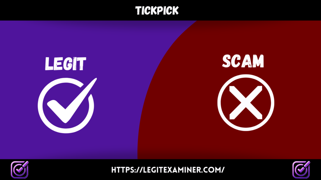 A split thumbnail with a purple section labeled "Legit" featuring a white checkmark, and a red section labeled "Scam" with a white cross symbol. The Legit Examiner website link is at the bottom.